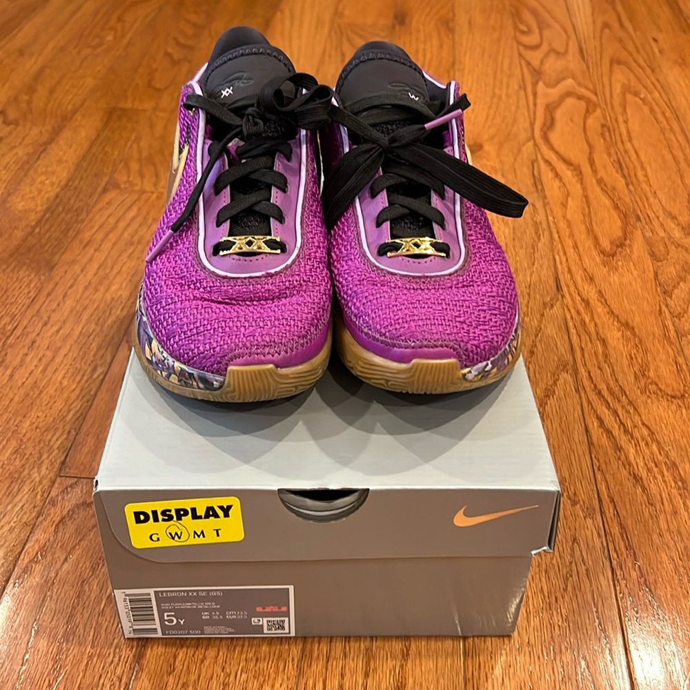 Used size 5Y Lebron XX SE vivid purple/metallic gold